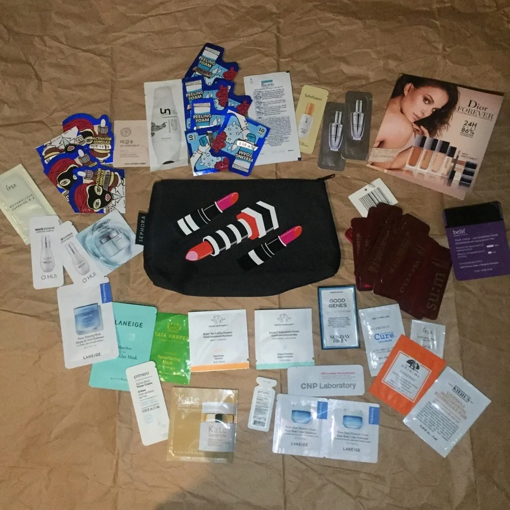 Beauty samples and Sephora cosmetic bag
